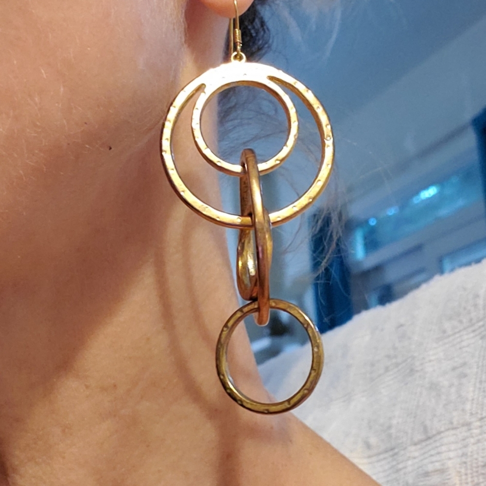 Large gold hoop earrings with copper tint, 3" drop, lightweight hammered metal